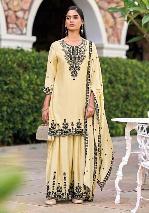 Beige Embroidery Silk Salwar Kameez