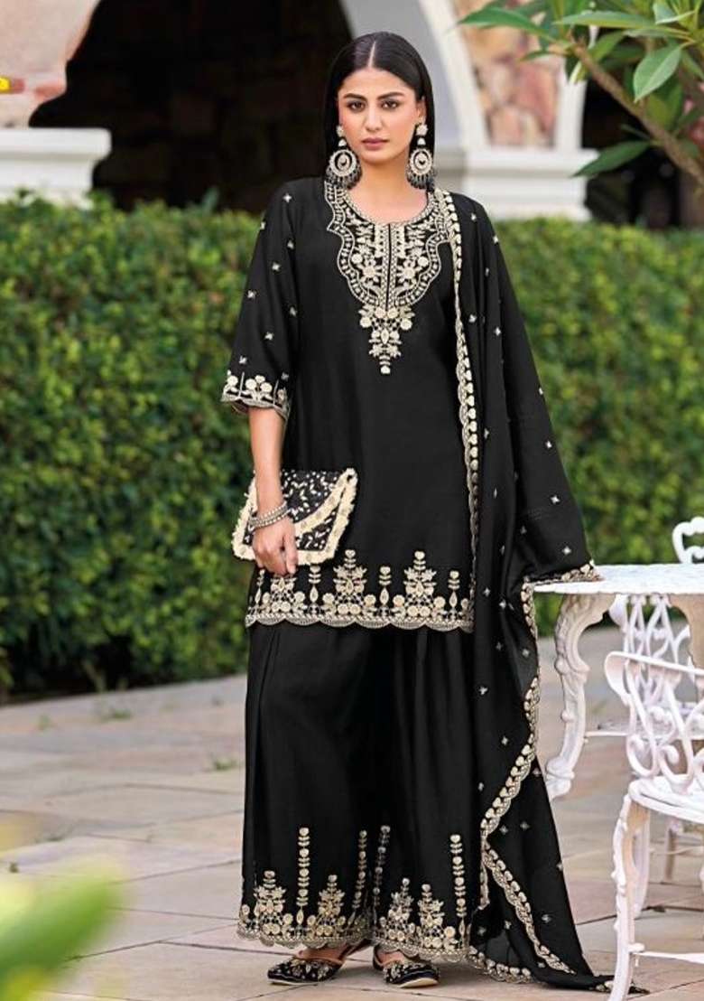 Black Embroidered Silk Blend Sharara Set - Indya