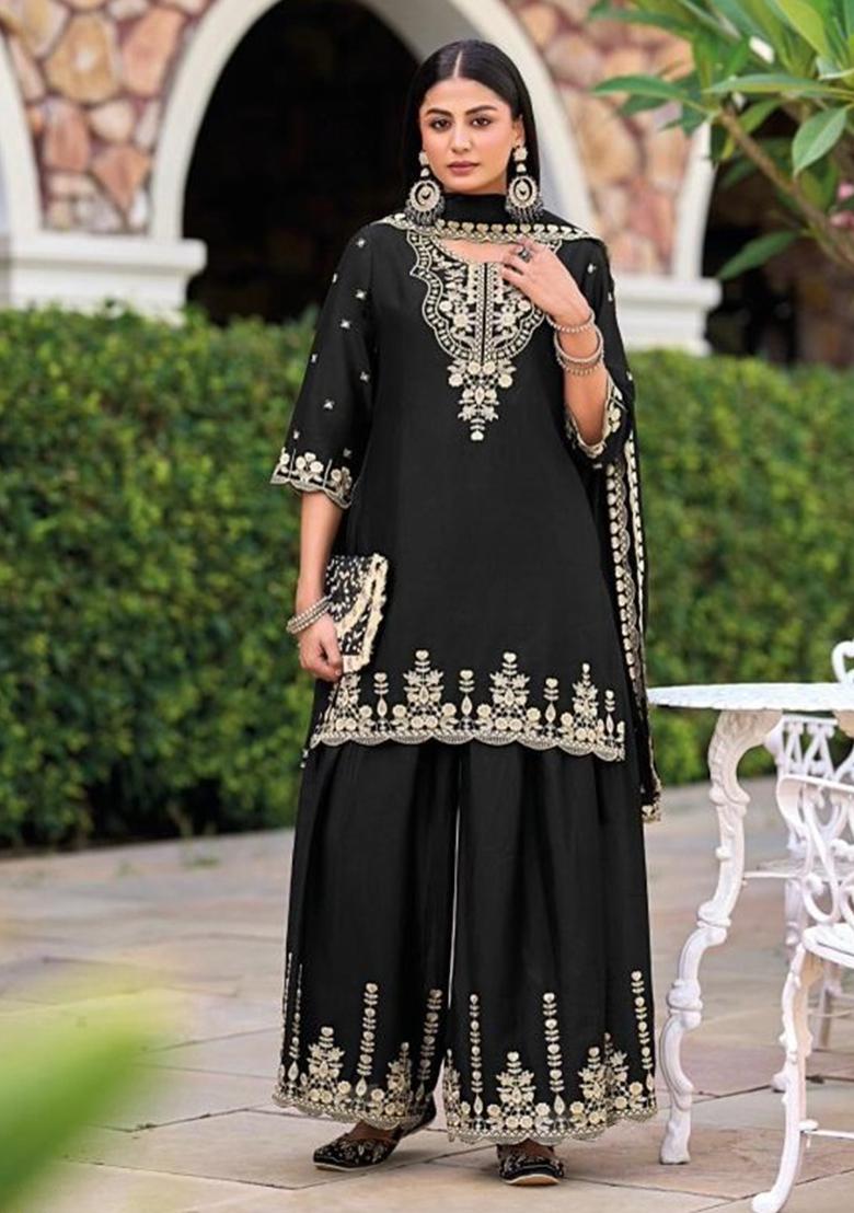 Black Embroidery Silk Salwar Kameez - Indya