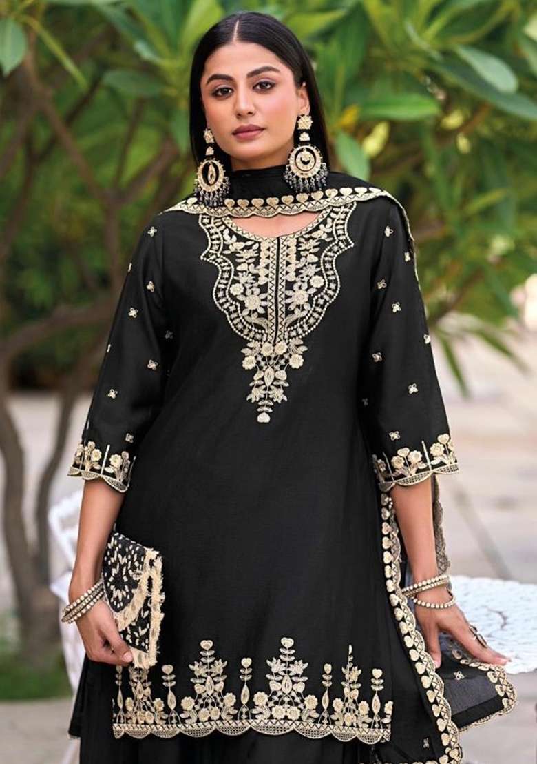 Black Embroidered Silk Blend Sharara Set - Indya