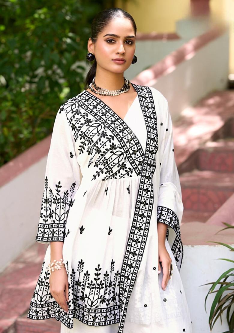 White Embroidery Silk Sharara - Indya