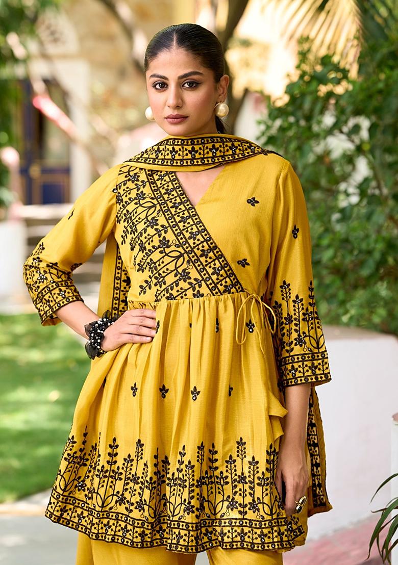 Yellow Embroidery Silk Sharara - Indya