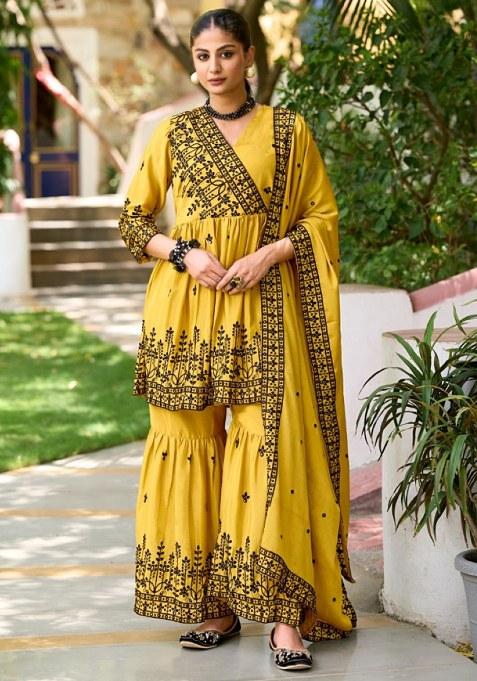 Yellow Embroidery Silk Sharara
