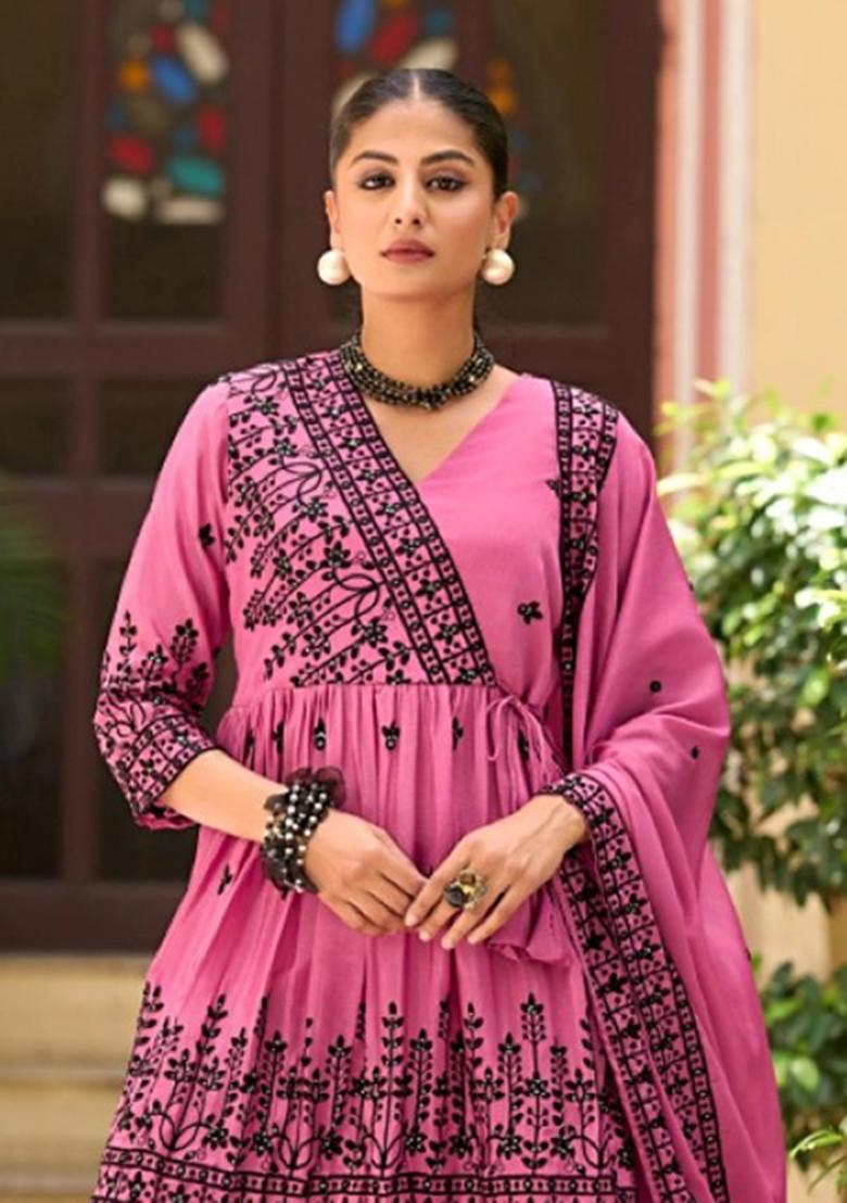 Rani Pink Embroidery Silk Sharara - Indya