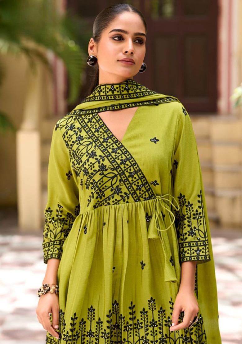 Mehendi Embroidery Silk Sharara - Indya