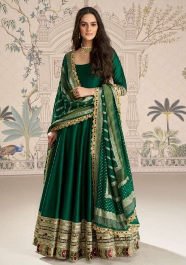 Dark Green Embroidery Silk Anarkali Set - Indya
