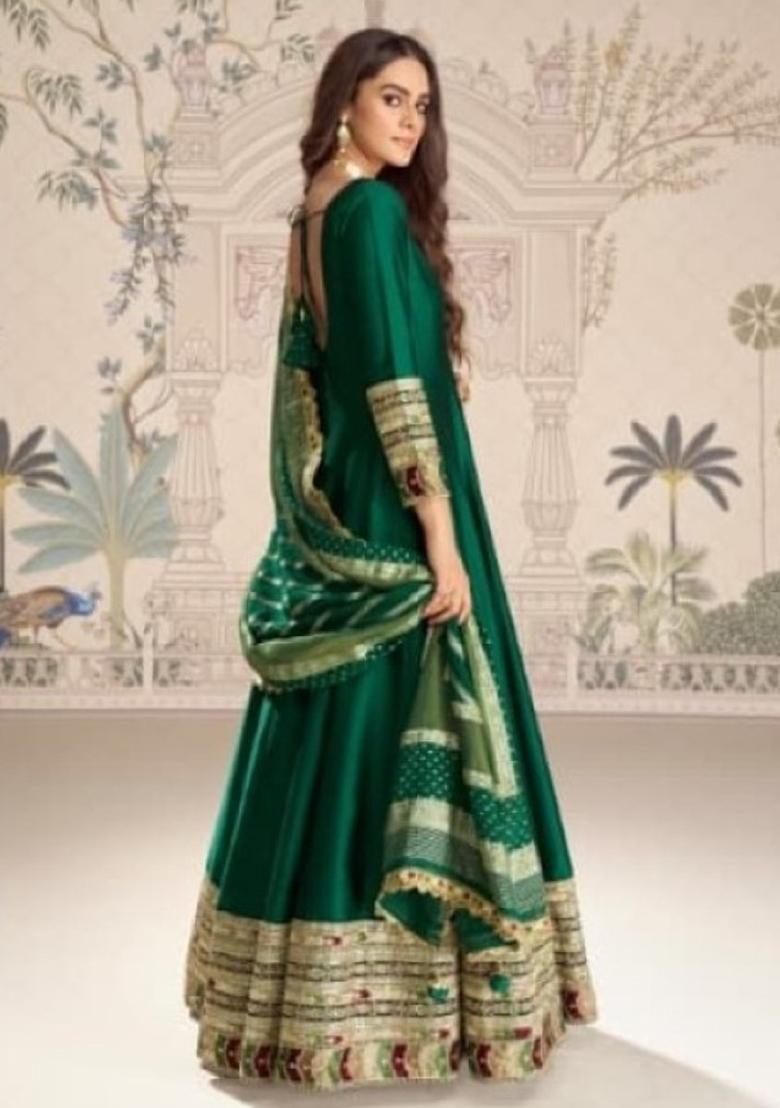 Dark Green Embroidery Silk Anarkali Set - Indya
