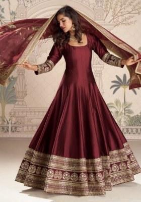 Maroon Embroidery Silk Anarkali Set