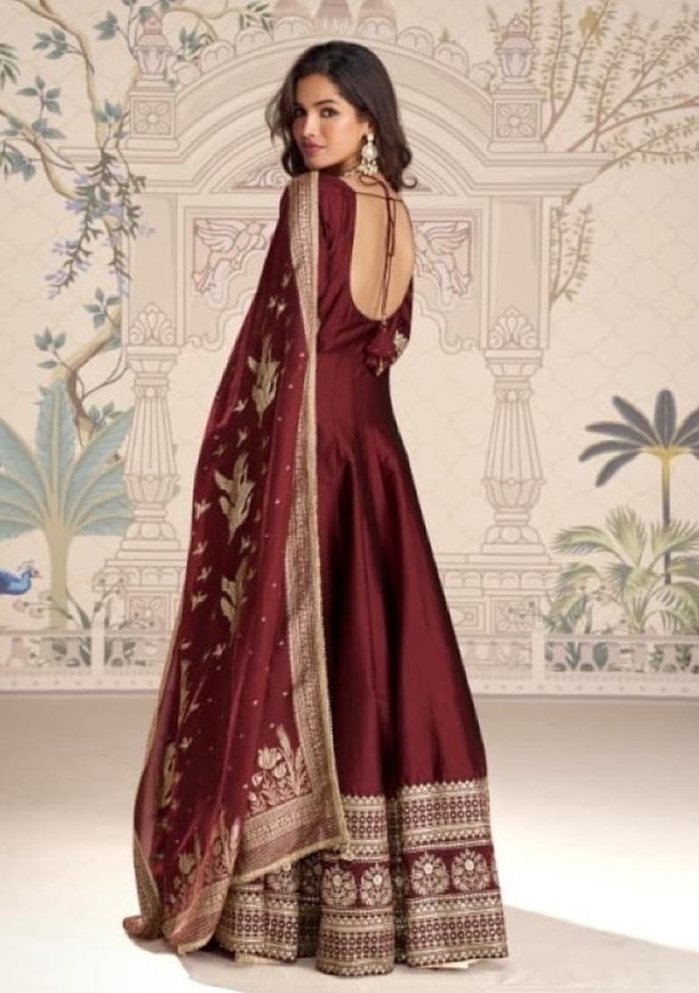 Maroon Embroidery Silk Anarkali Set - Indya
