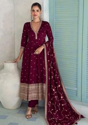Maroon Embroidery Silk Anarkali Set