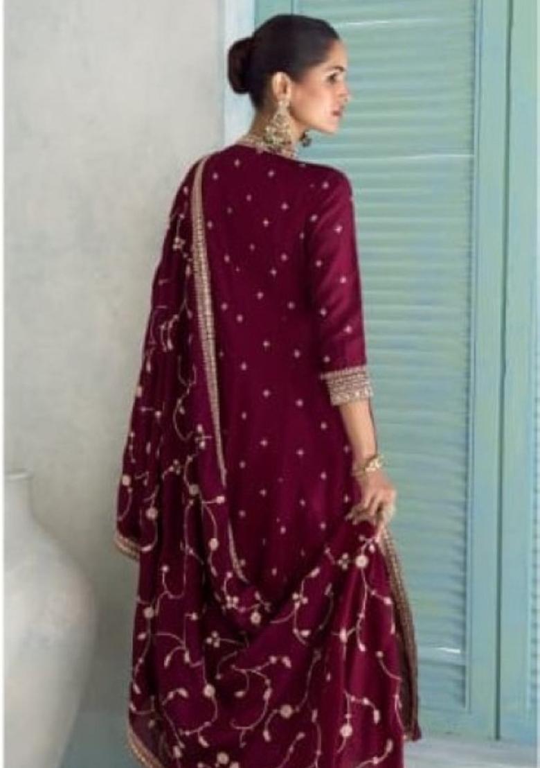 Maroon Embroidery Silk Anarkali Set - Indya