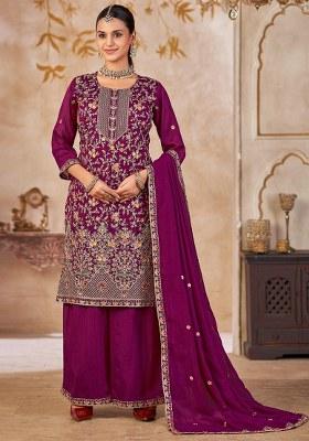Purple Embroidery Silk Kurta Set