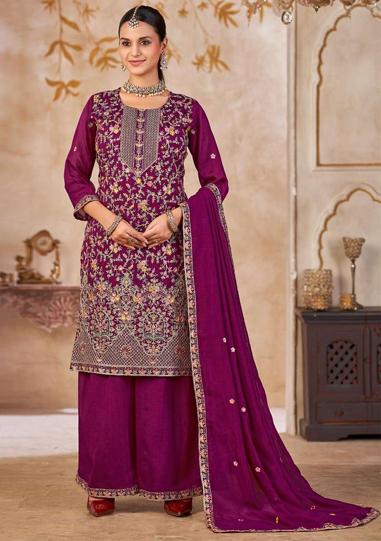 Purple Embroidered Silk Blend Straight Kurta Set - Indya