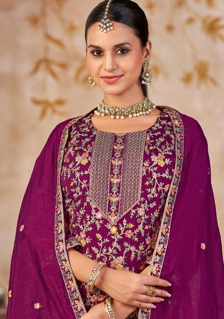 Purple Embroidery Silk Kurta Set - Indya