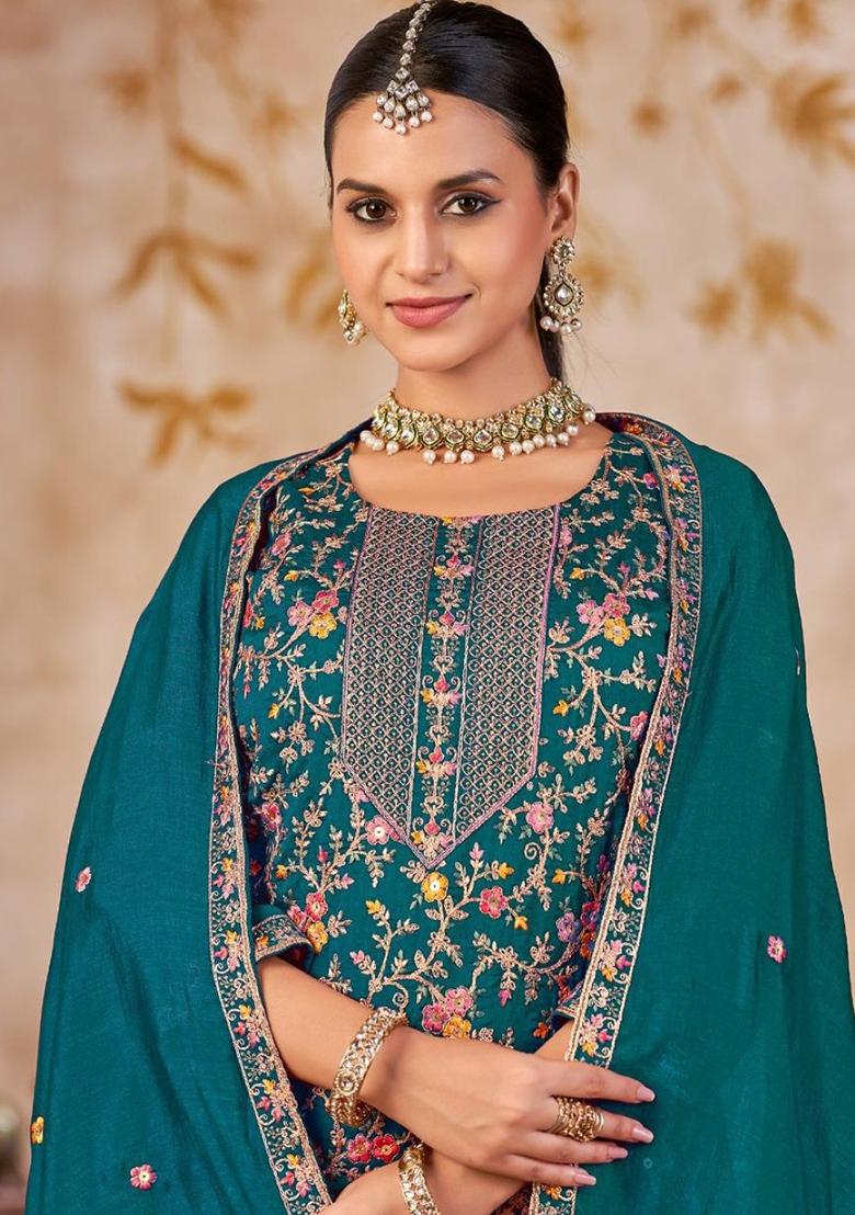 Blue Embroidery Silk Kurta Set - Indya