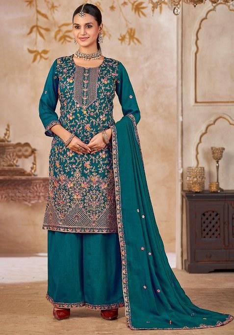 Blue Embroidery Silk Kurta Set