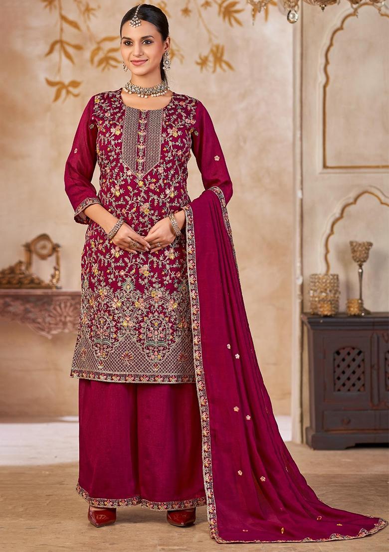 Maroon Embroidery Silk Kurta Set - Indya