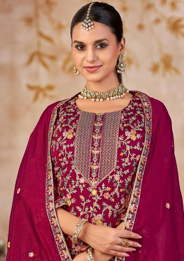 Maroon Embroidered Silk Blend Straight Kurta Set - Indya