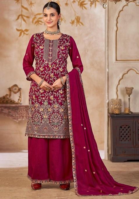 Maroon Embroidery Silk Kurta Set