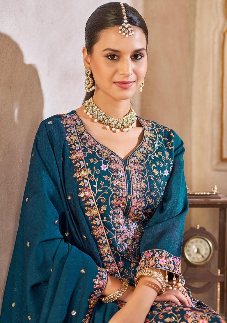 Blue Embroidery Silk Kurta Set - Indya