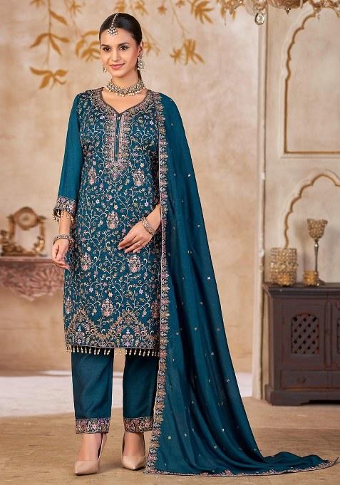Blue Embroidery Silk Kurta Set