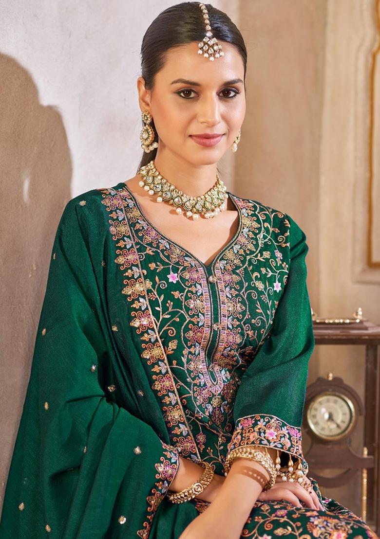 Green Embroidery Silk Kurta Set - Indya