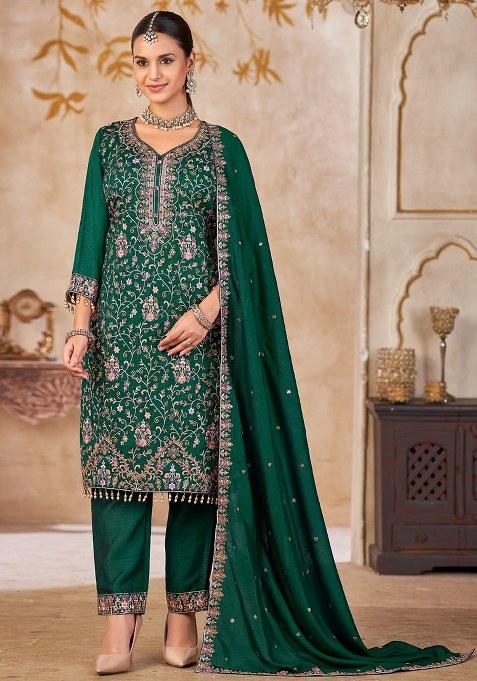 Green Embroidery Silk Kurta Set