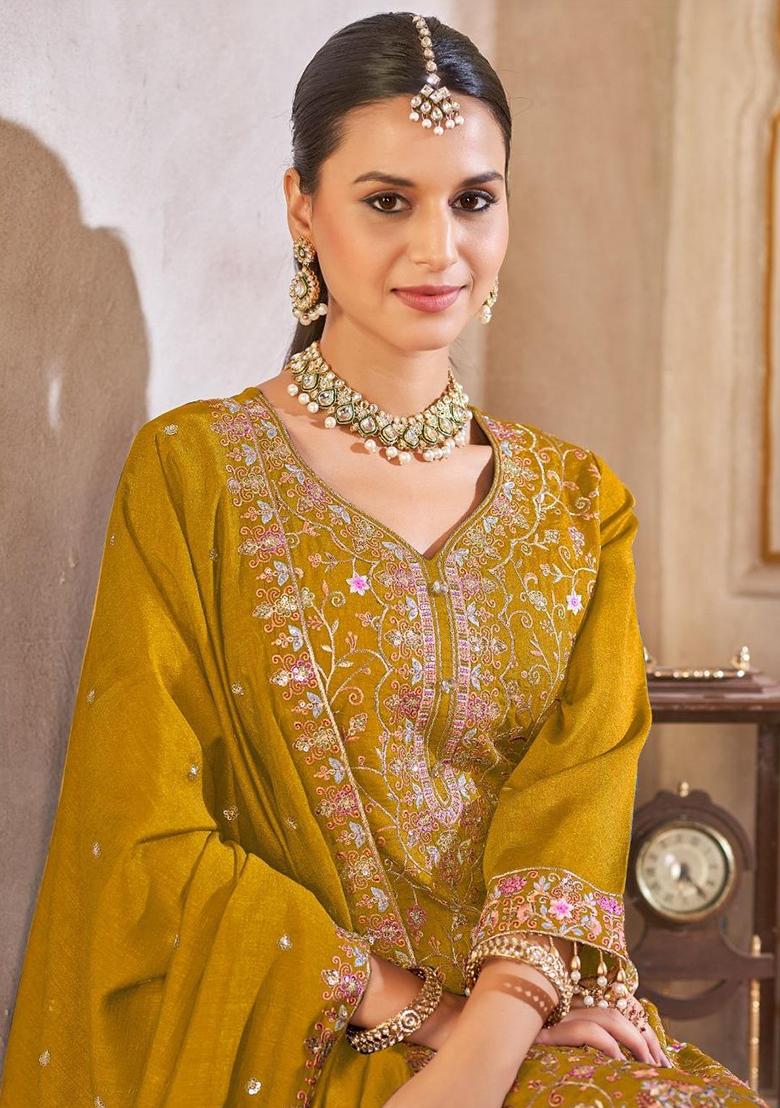 Mustard Embroidery Silk Kurta Set - Indya