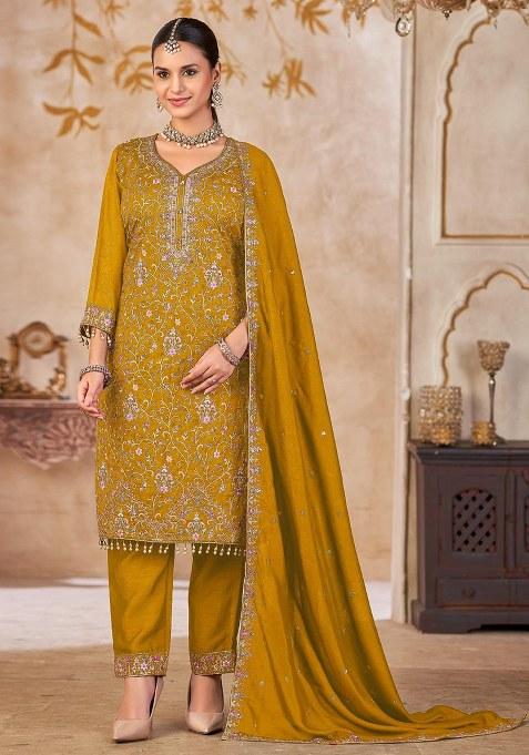 Mustard Embroidery Silk Kurta Set