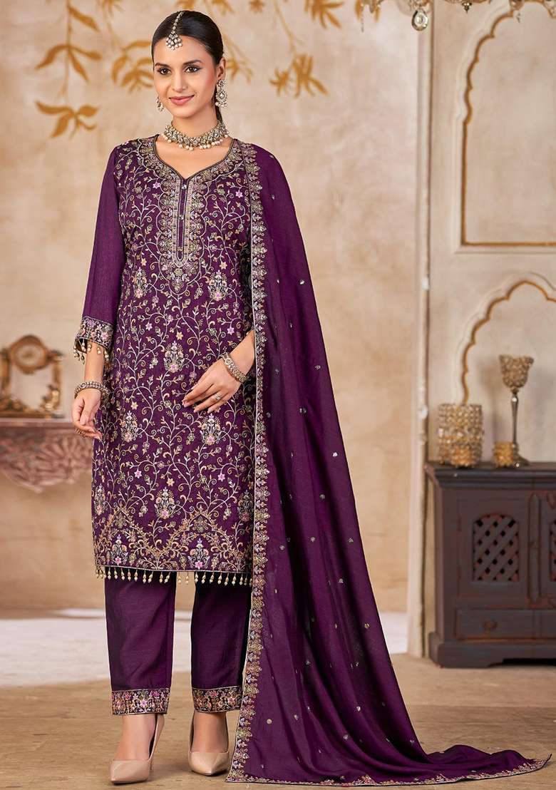 Purple Embroidered Silk Blend Pakistani Suit Set - Indya