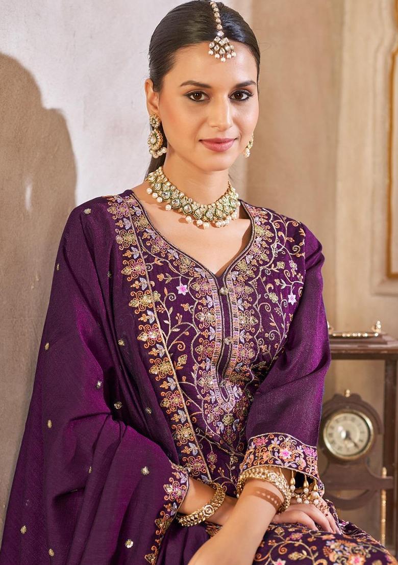 Purple Embroidery Silk Kurta Set - Indya