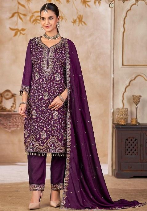 Purple Embroidery Silk Kurta Set