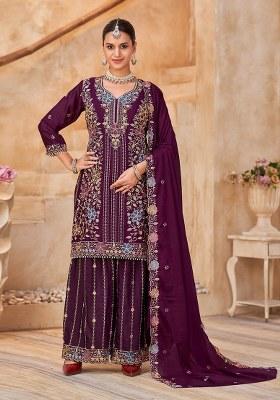 Maroon Embroidery Silk Kurta Set