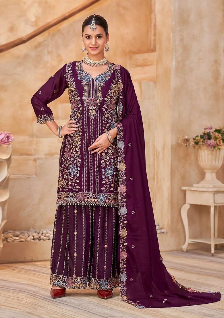 Maroon Embroidered Silk Blend Sharara Set - Indya