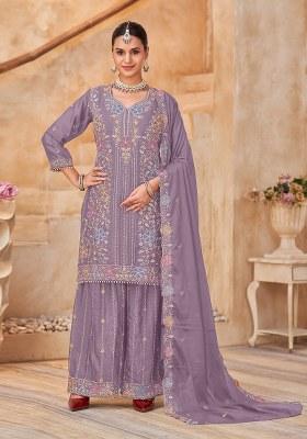 Lavender Embroidery Silk Kurta Set