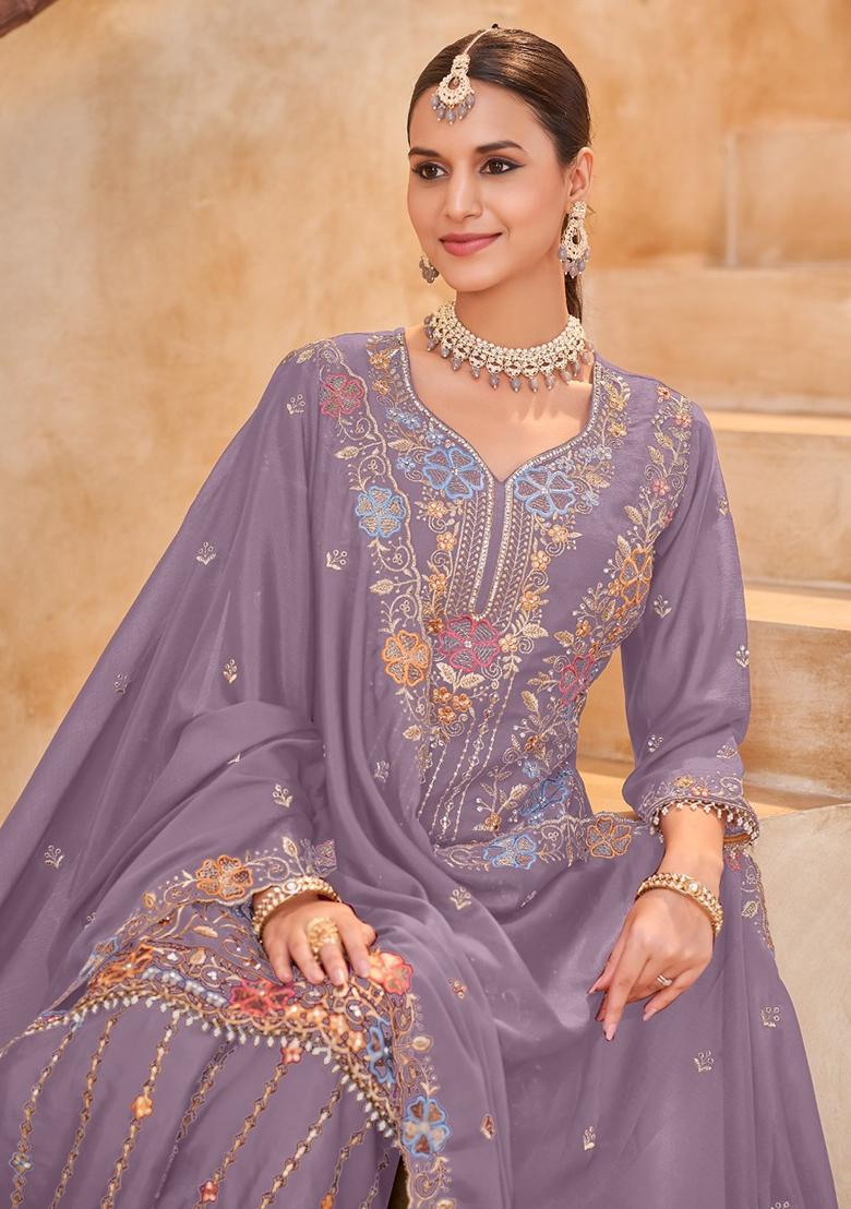 Lavender Embroidery Silk Kurta Set - Indya