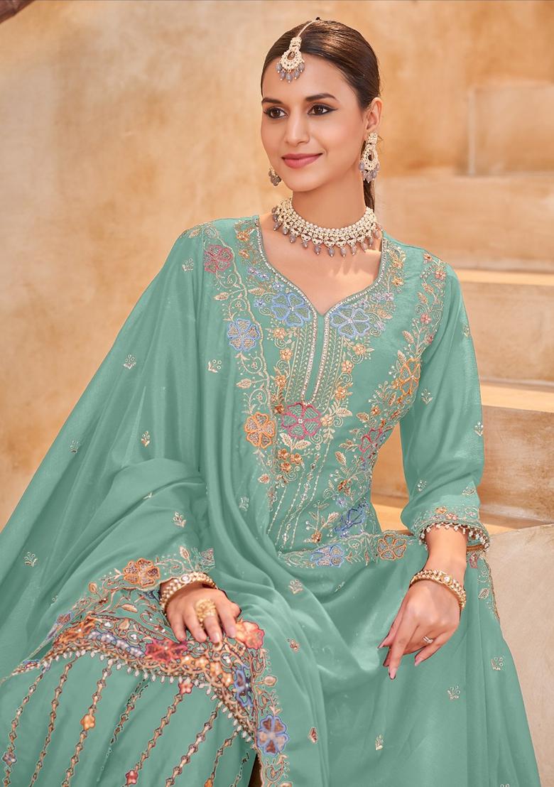 Sky Blue Embroidery Silk Kurta Set - Indya