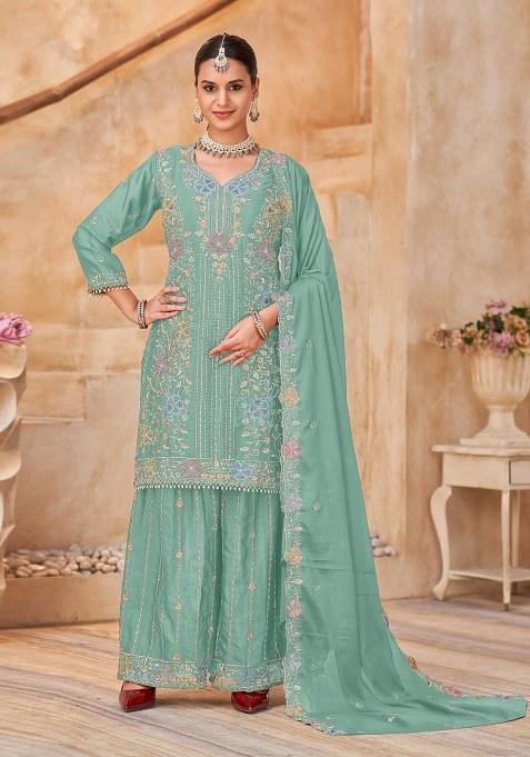 Sky Blue Embroidery Silk Kurta Set