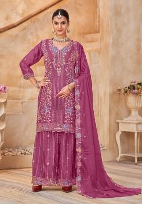 Magenta Embroidery Silk Kurta Set