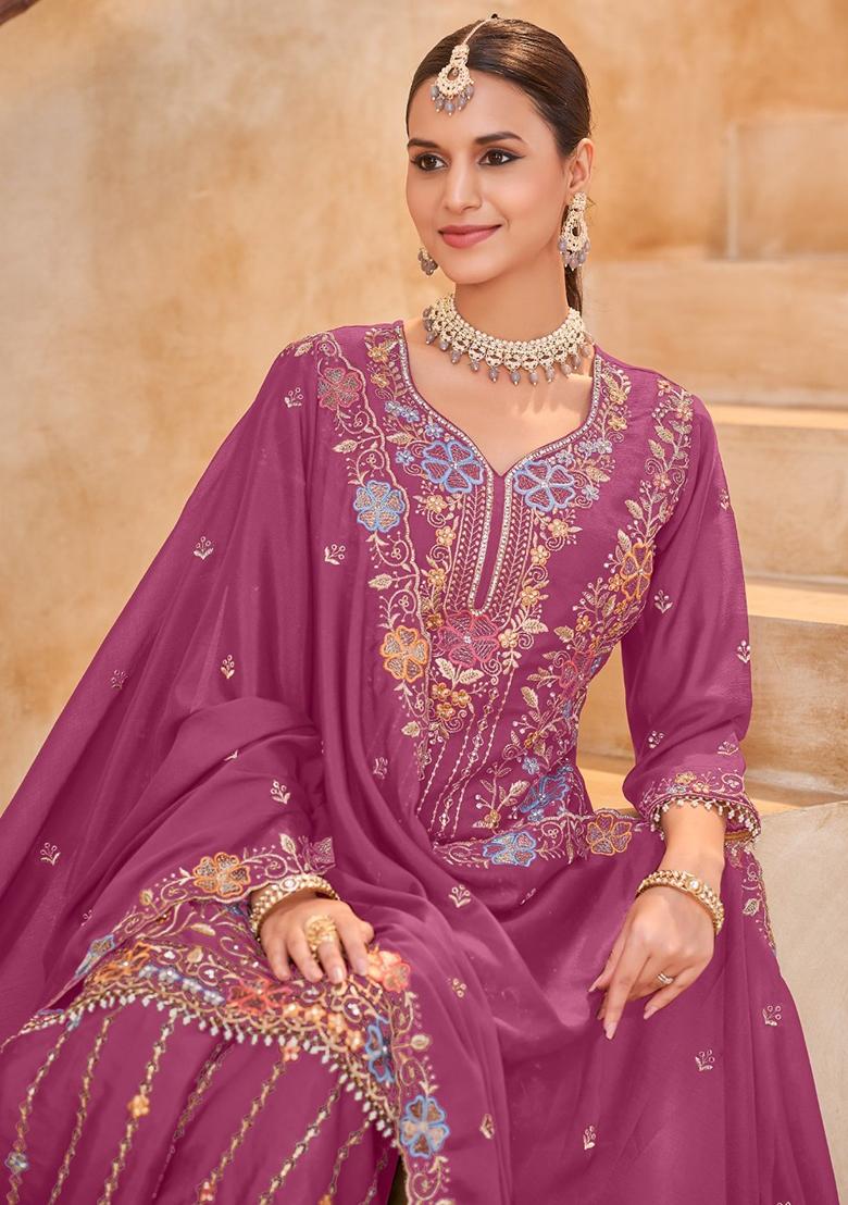 Magenta Embroidery Silk Kurta Set - Indya