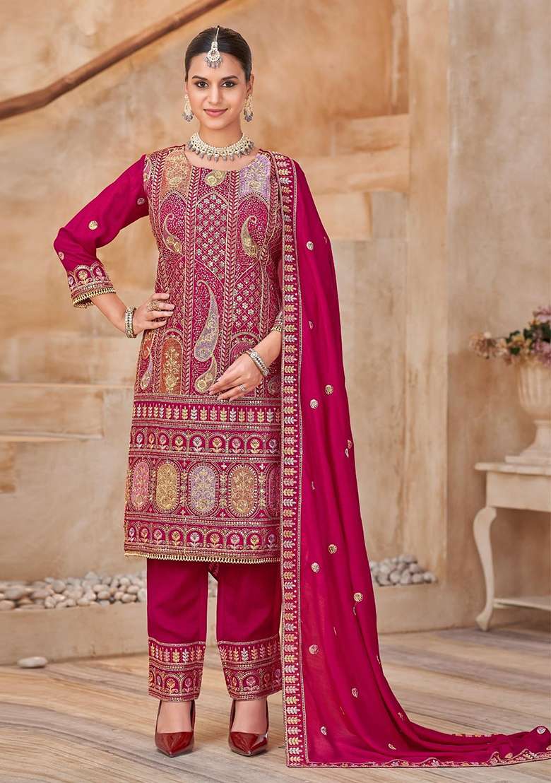 Rani Pink Embroidered Silk Blend Pakistani Suit Set - Indya