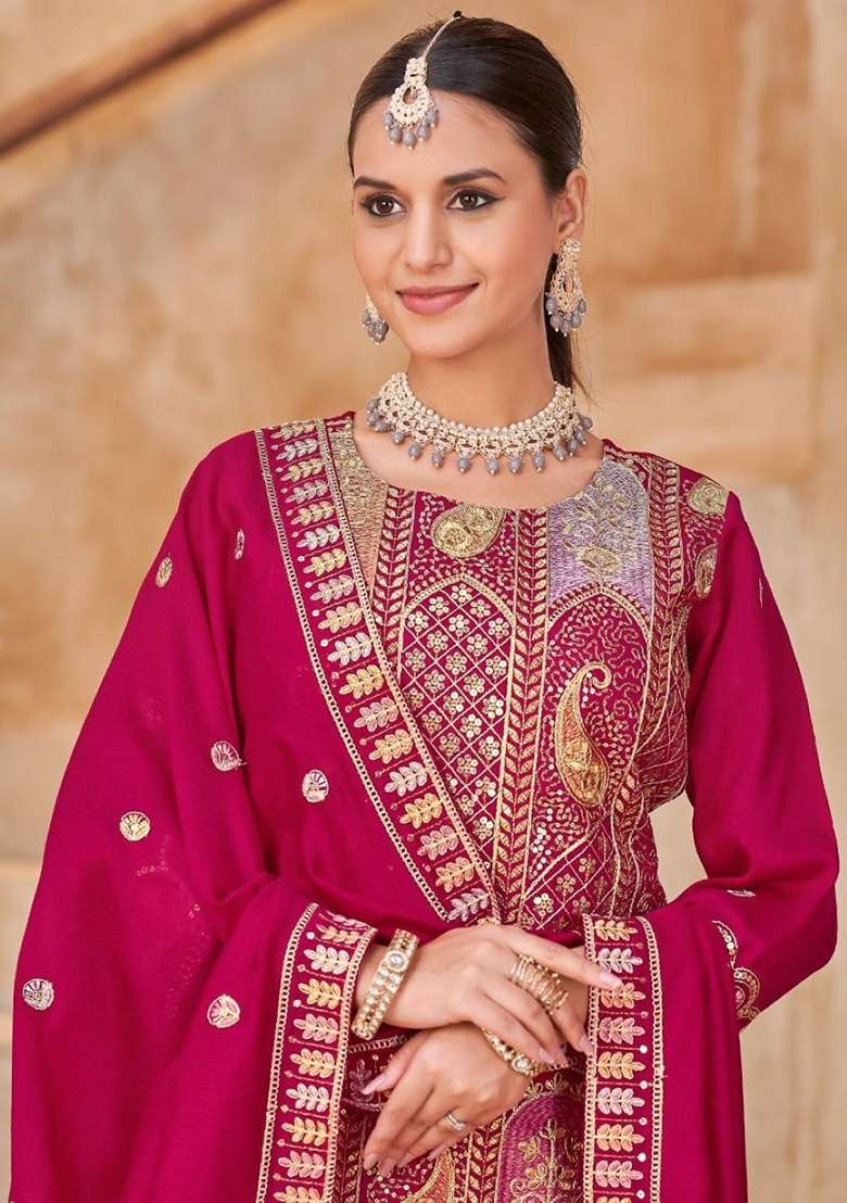 Rani Pink Embroidered Silk Blend Pakistani Suit Set - Indya