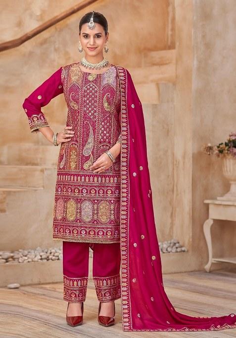 Rani Pink Embroidery Silk Kurta Set