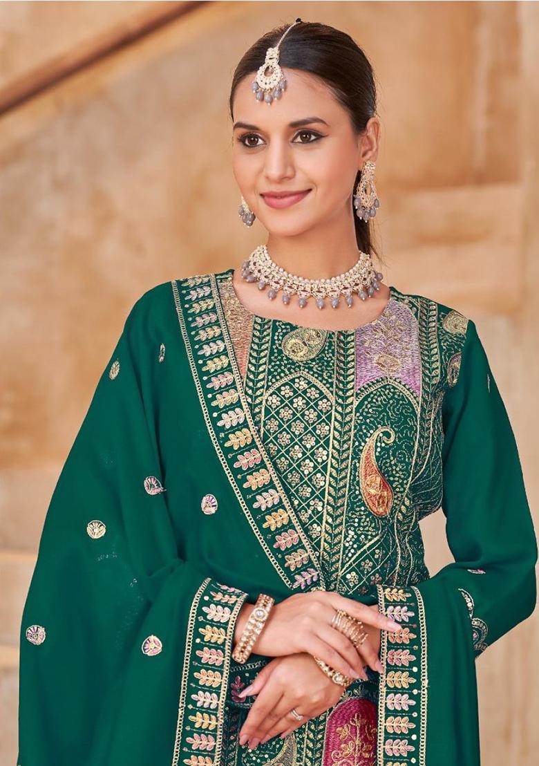 Green Embroidery Silk Kurta Set - Indya