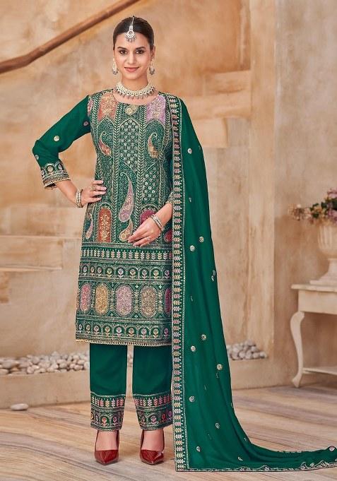 Green Embroidery Silk Kurta Set