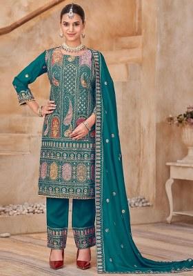 Teal Blue Embroidery Silk Kurta Set
