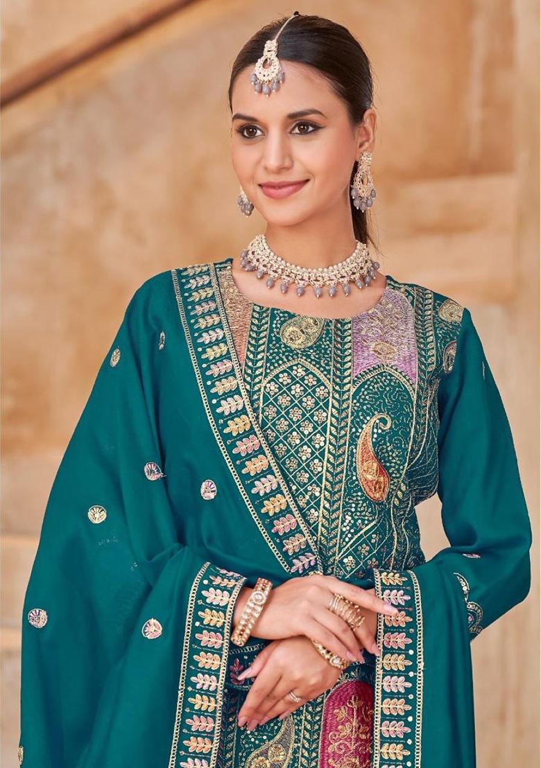 Teal Blue Embroidery Silk Kurta Set - Indya