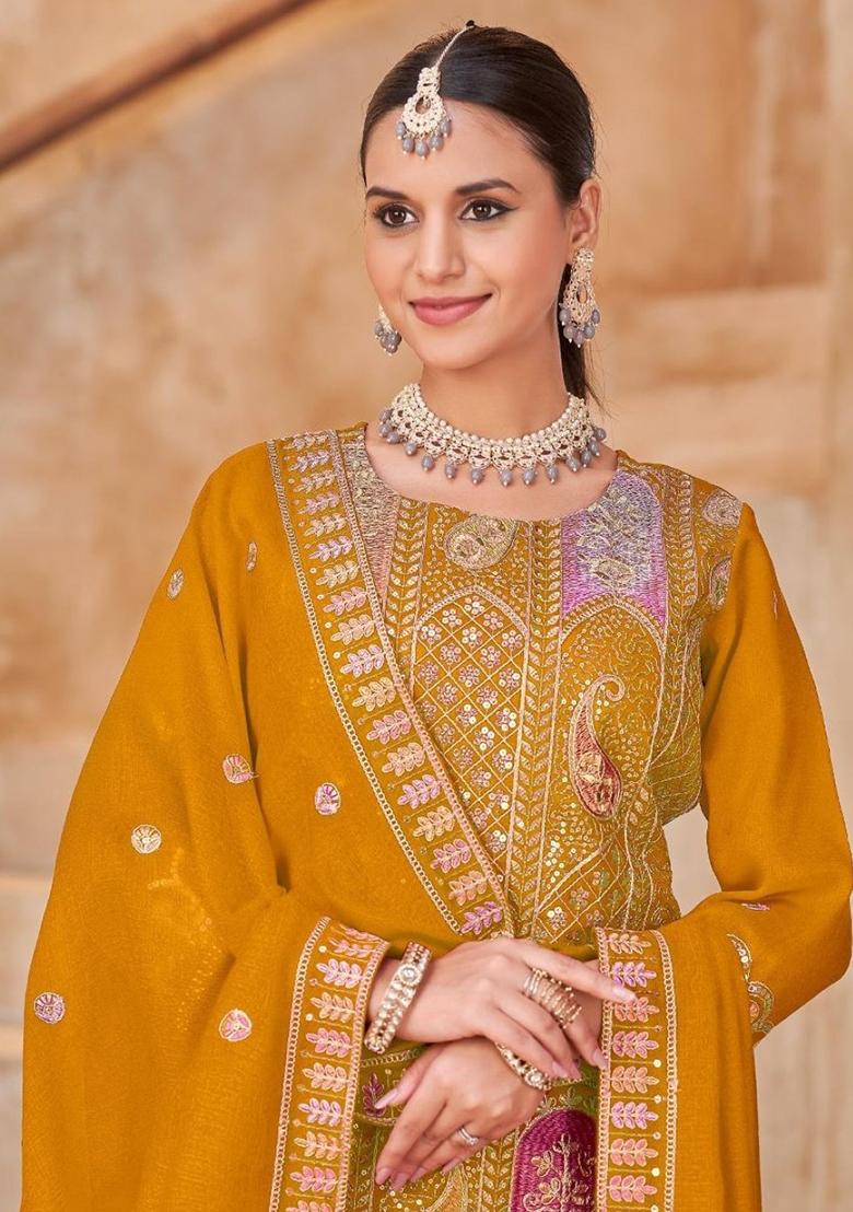 Mustard Embroidery Silk Kurta Set - Indya