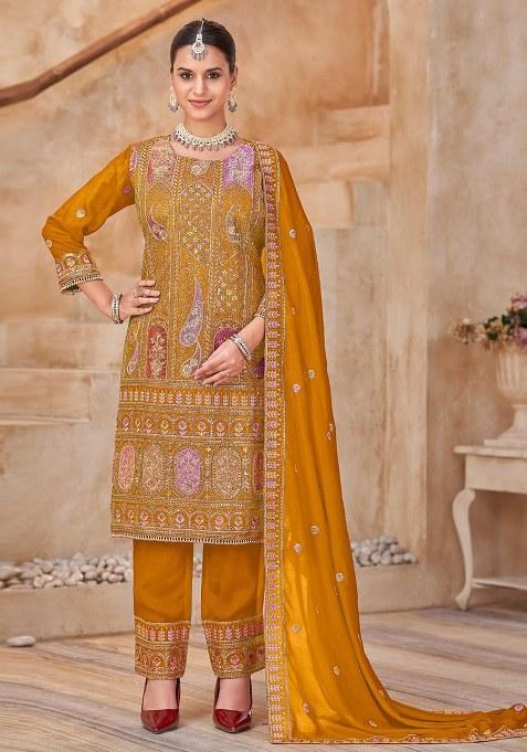 Mustard Embroidery Silk Kurta Set