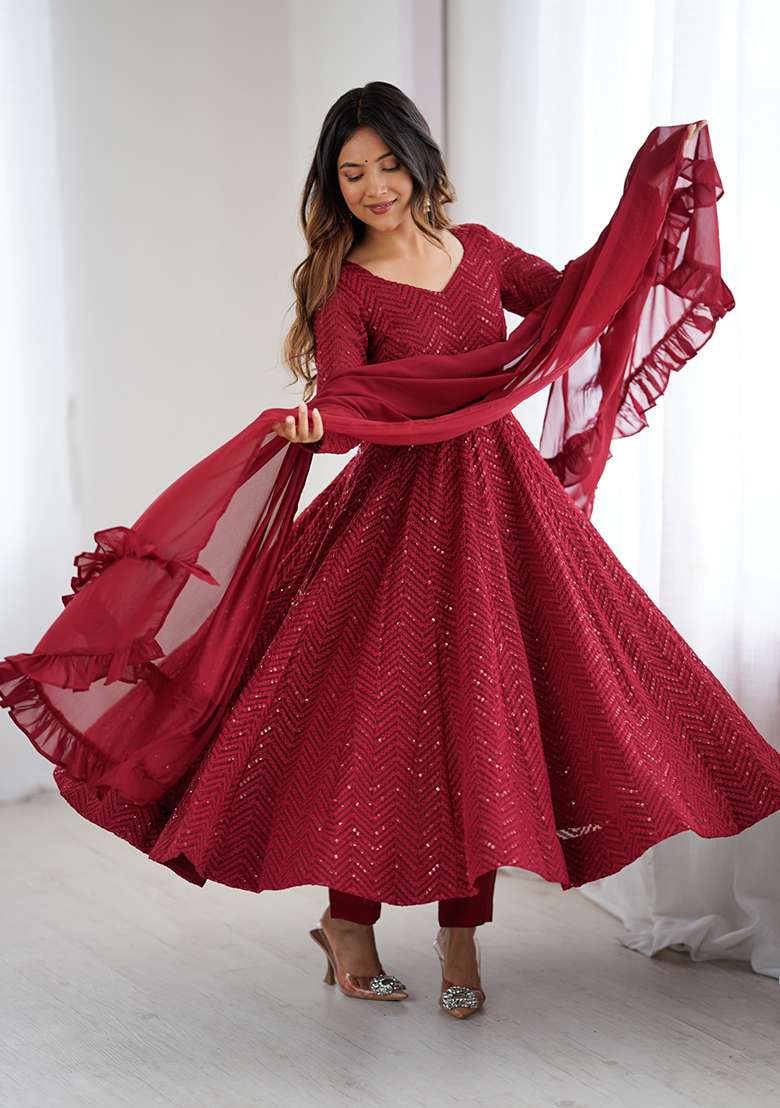 Maroon Sequin Work Georgette Anarkali Set - Indya